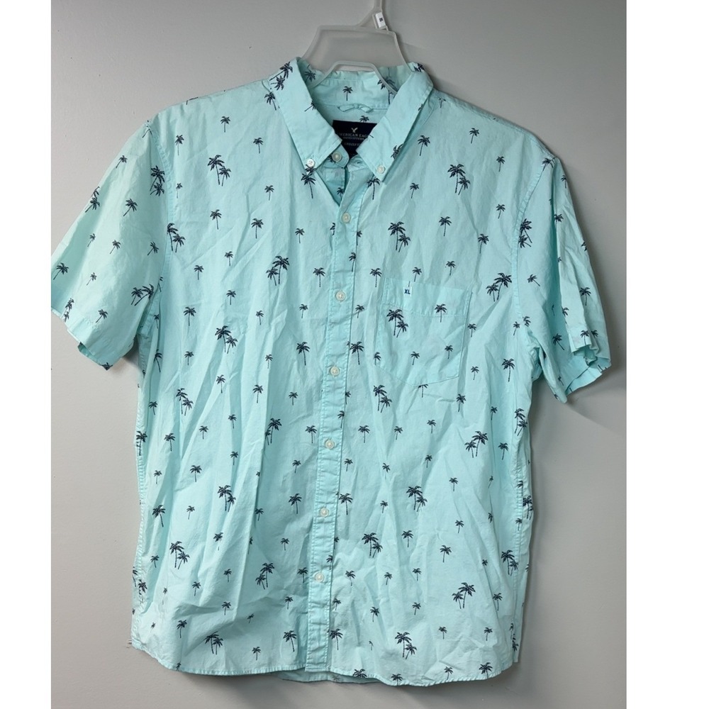 American Eagle | Aqua Palm Tree Tropical Short Sleeve Button Down‎ | Size XL